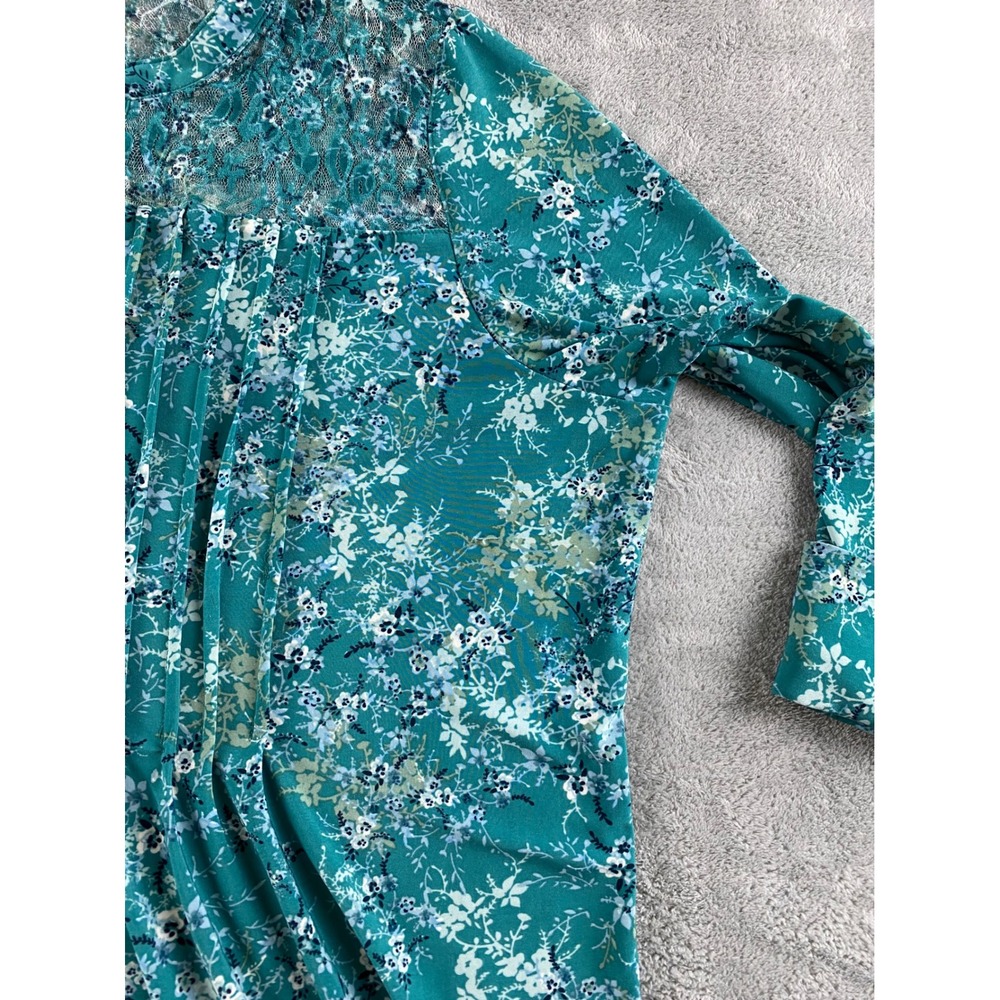 Ava & Grace Womens XL Teal Floral Pintuck Lace Yoke 3/4 Roll Tab Sleeve Blouse - Picture 11 of 14